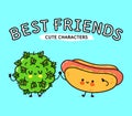 Hot dog and marijuana weed bud character. Vector hand drawn cartoon kawaii characters, illustration icon. Funny cartoon