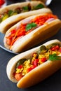 Homehand tasty Hot dogs with different toppings Royalty Free Stock Photo