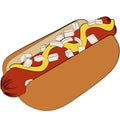 Hot dog with mustard food grilled or steamed sausage served in the slit of a partially sliced bun fast food, junk food. sausage in