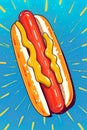 Hot dog with mustard. Illustrated poster design in style of Pop Art. Generative Ai