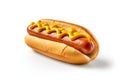 Hot dog with mustard isolated on white background. Close-up. Street food. Royalty Free Stock Photo