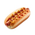 A hot dog with mustard and ketchup on a bun Royalty Free Stock Photo