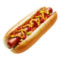 A hot dog with mustard and ketchup on a bun Royalty Free Stock Photo