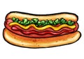 Hot Dog with mustard, ketchup and green relish Royalty Free Stock Photo