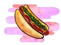 Hot Dog with mustard, ketchup and green relish Royalty Free Stock Photo