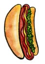 Hot Dog with mustard, ketchup and green relish Royalty Free Stock Photo
