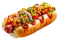 Hot dog with mustard and ketchup isolated on transparent background. Fast food. Royalty Free Stock Photo