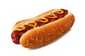 Hot dog with mustard and ketchup in a sesame seed bun isolated on white Royalty Free Stock Photo