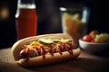 Hot dog with mustard, ketchup and ketchup on wooden board