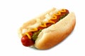 Hot dog with mustard, onions and relish isolated on white Royalty Free Stock Photo