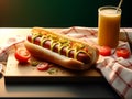 A hot dog with mustard and tomatoes on a cutting board