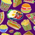 Hot dog with one sausage, burger, sandwich, tacos, popcorn, chips, french fries, pizza with salami, bacon and eggs on plate Royalty Free Stock Photo