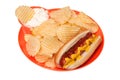 Hot Dog with Potato Chips and Dip Royalty Free Stock Photo