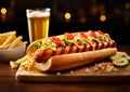 Hot dog with sauce and vegetables and glass of beer on wooden table.Macro.AI generative