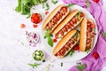 Hot dog with sausage. bacon, cucumber, tomato and red onion on white plate. Royalty Free Stock Photo