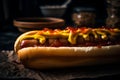 Hot dog with sausage, ketchup and mustard