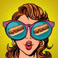 Hot dog sausage ketchup mustard. Woman reflection in glasses Royalty Free Stock Photo