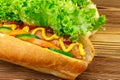 Hot dog with sausage, lettuce, tomato, cucumber, ketchup and mustard on wooden background. Royalty Free Stock Photo
