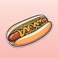 Hot dog with sausage, mustard, ketchup and lettuce. Color vector illustration Royalty Free Stock Photo