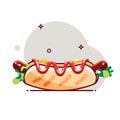 Hot dog with sausage, mustard,tomato paste and salad. Colorful vector illustration.