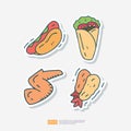 hot dog sausage, shawarma kebab, chicken wing, shrimp tempura doodle icon. Fast food Cute doodle. Cuisine and drink Sticker Set