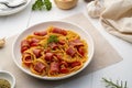 Hot dog or sausage stuffed with spaghetti in tomato sauce Royalty Free Stock Photo