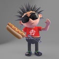 Hot dog says vicious punk rocker character, 3d illustration