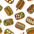 Hot Dog Seamless Endless Pattern. Many Ingredients. Restaurant or Cafe Menu Background. Fast Food Collection. Realistic Hand Drawn Royalty Free Stock Photo