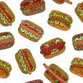 Hot Dog Seamless Endless Pattern. Many Ingredients. Restaurant or Cafe Menu Background. Street Fast Food Collection. Realistic Han Royalty Free Stock Photo