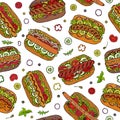 Hot Dog Seamless Endless Pattern. Many Ingredients. Restaurant or Cafe Menu Background. Street Fast Food Collection. Realistic Han Royalty Free Stock Photo