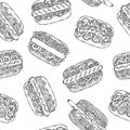 Hot Dog Seamless Endless Pattern. Many Ingredients. Restaurant or Cafe Menu Background. Street Fast Food Collection. Realistic Han Royalty Free Stock Photo