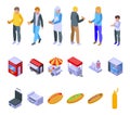 Hot dog seller icons set isometric vector. People kiosk Royalty Free Stock Photo