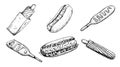 Hot dog in sketch style collection. Classic, french hot dog and corn dog. Hand drawn vintage style.