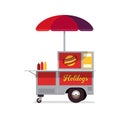 Hot dog street cart. Fast food stand vendor service. Kiosk seller business. Flat style. Vector illustration. Royalty Free Stock Photo