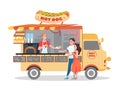 Hot dog street market fastfood truck, happy couple people buy hotdogs from vendor Royalty Free Stock Photo