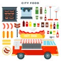 Hot dog truck. Fast food mini van and set of various street food and drink. Vector illustration in flat style.