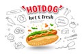 Hot dog vector, hot and fresh, with food drawing poster banner design