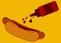 Hot dog. Weiner buns with sausage and red sauce. Hot dog with ketchup, isolated on yellow background. Fast food for poster, menus