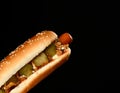 Hot dog in which sausage, mustard, ketchup, pickle cucumbers on black background Royalty Free Stock Photo