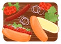 Hot dog on a wooden cutting board. Ingredients for making a hot dog. Lettuce, tomatoes, onions, rolls, sausage, ketchup. Fast food Royalty Free Stock Photo