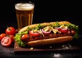 Hot dogg with vegetables and glass of beer on dark background.Macro.AI Generative