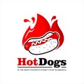 Hot dogs bun logo American street food recipes with grilled sausage label