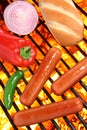 Hot dogs, bun and veggies on a barbecue grill Royalty Free Stock Photo