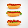 Hot dogs with different ingredients: ketchup, lettuce, tomato, onion and cucumber on a white background.