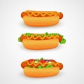 Hot dogs with different ingredients: mustard, lettuce, tomato, onion and cucumber on a white background.