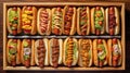 Hot dogs fully loaded with assorted toppings on a tray. Delicious hot dogs with pork and beef sausages. Black background. Ai Royalty Free Stock Photo