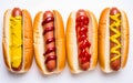 Hot dogs with ketchup and mustard isolated on white background. Top view, flat lay. Generative Ai image Royalty Free Stock Photo