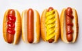 Hot dogs with ketchup and mustard isolated on white background. Top view, flat lay. Generative Ai image Royalty Free Stock Photo