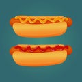 Hot dogs with mustard and ketchup isolated on a blue background.