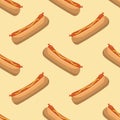 Hot dogs with sausage and mustard sauce seamless pattern on colored background Royalty Free Stock Photo